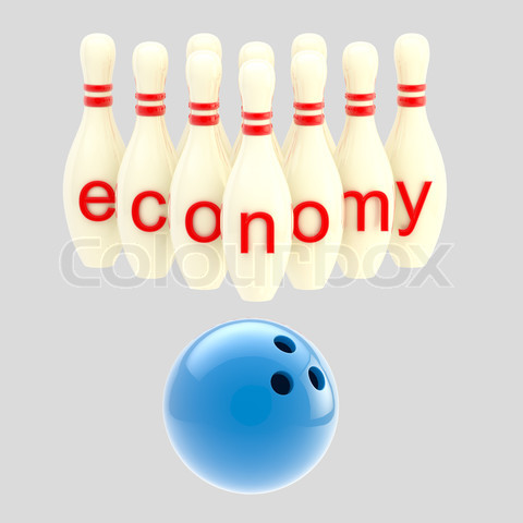 Economy conception as pins smashed by bowling ball